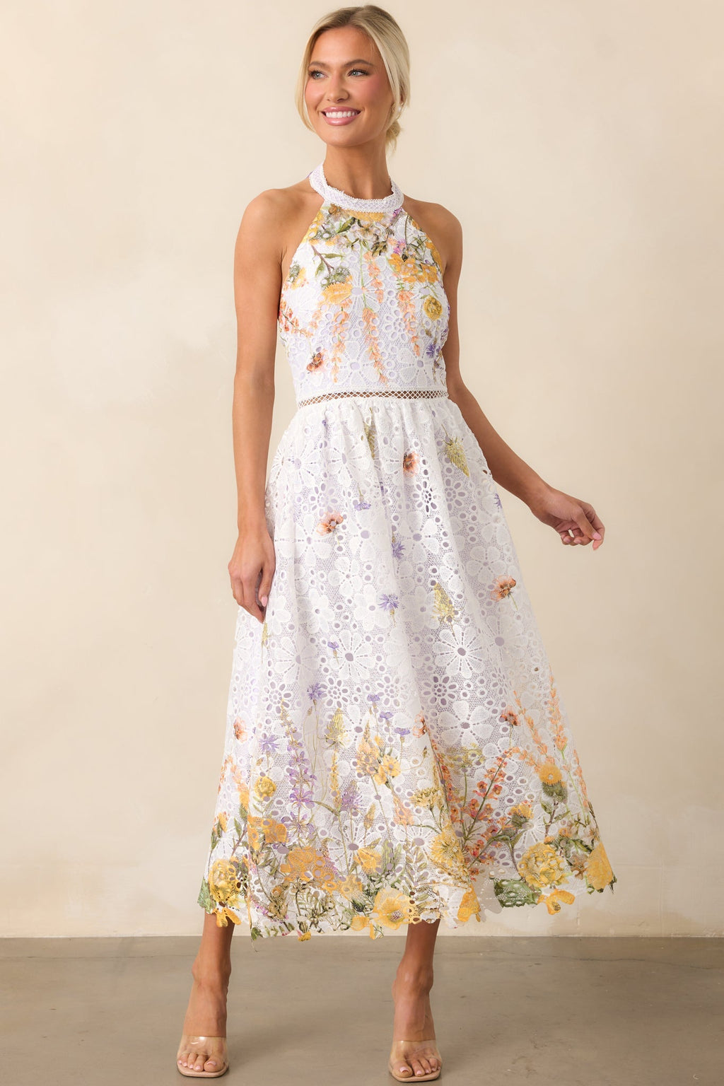 Twirl Me Lavender Floral Embroidered Halter Midi Dress