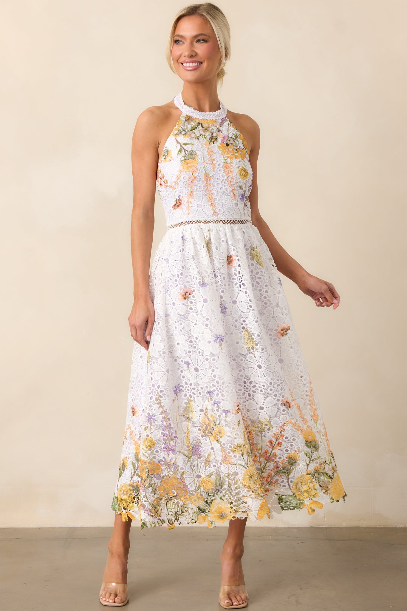 Twirl Me Lavender Floral Embroidered Halter Midi Dress