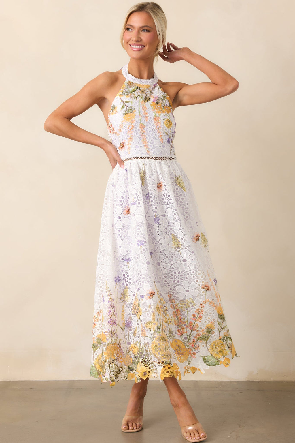 Twirl Me Lavender Floral Embroidered Halter Midi Dress