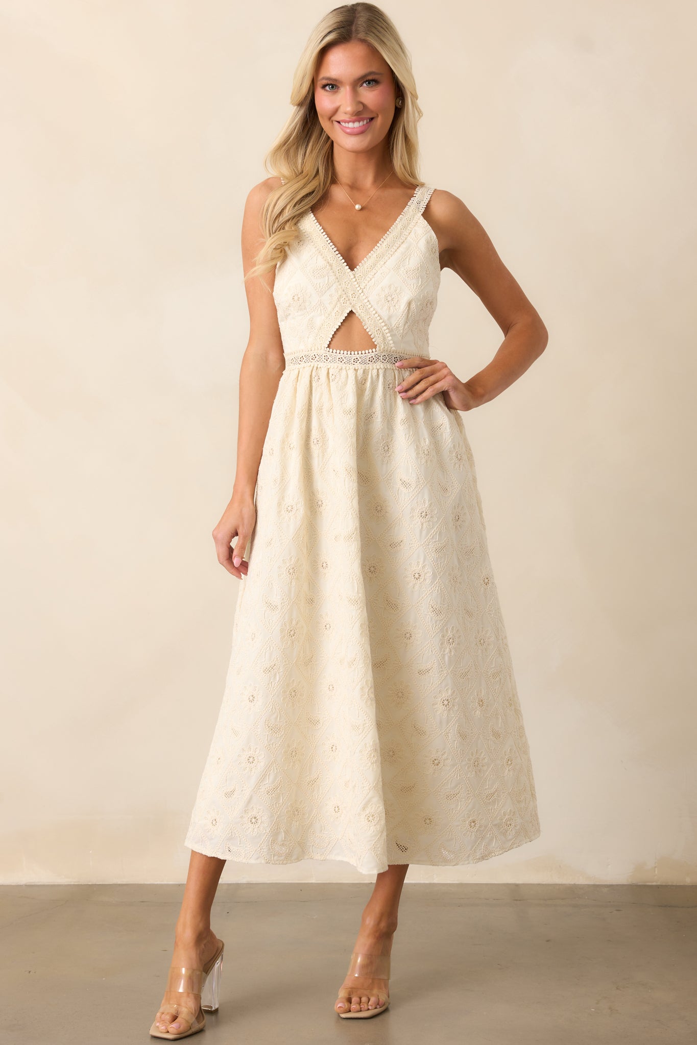 A Touch Of Grace Ivory Embroidered Cutout Midi Dress