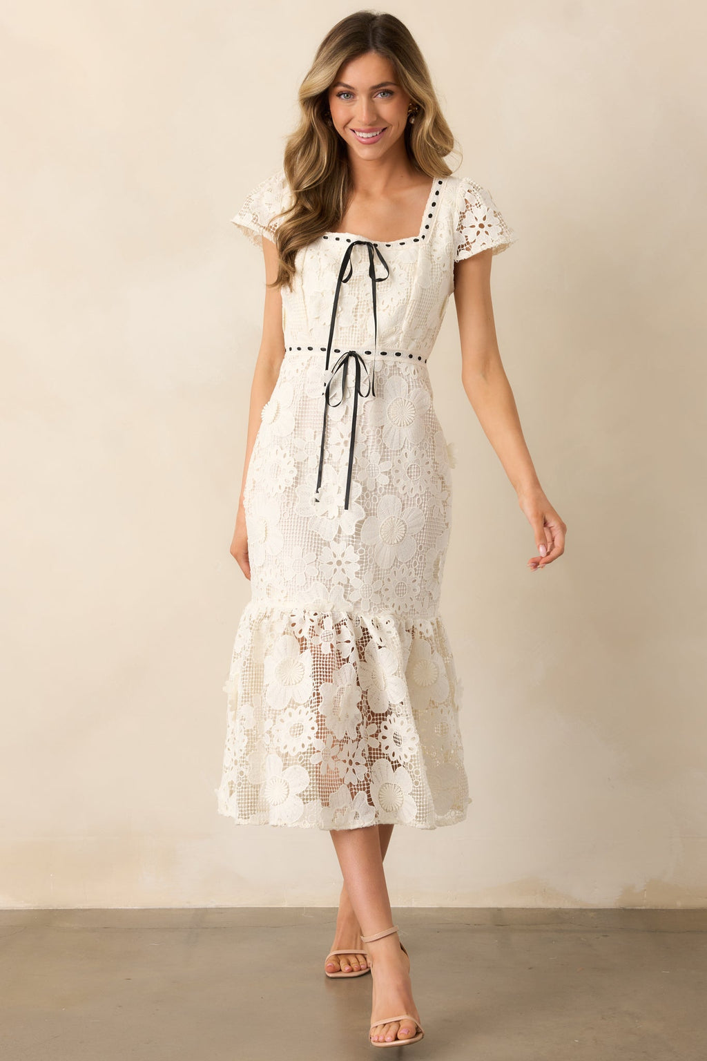 Made You Look Ivory Floral Embroidered Midi Dress