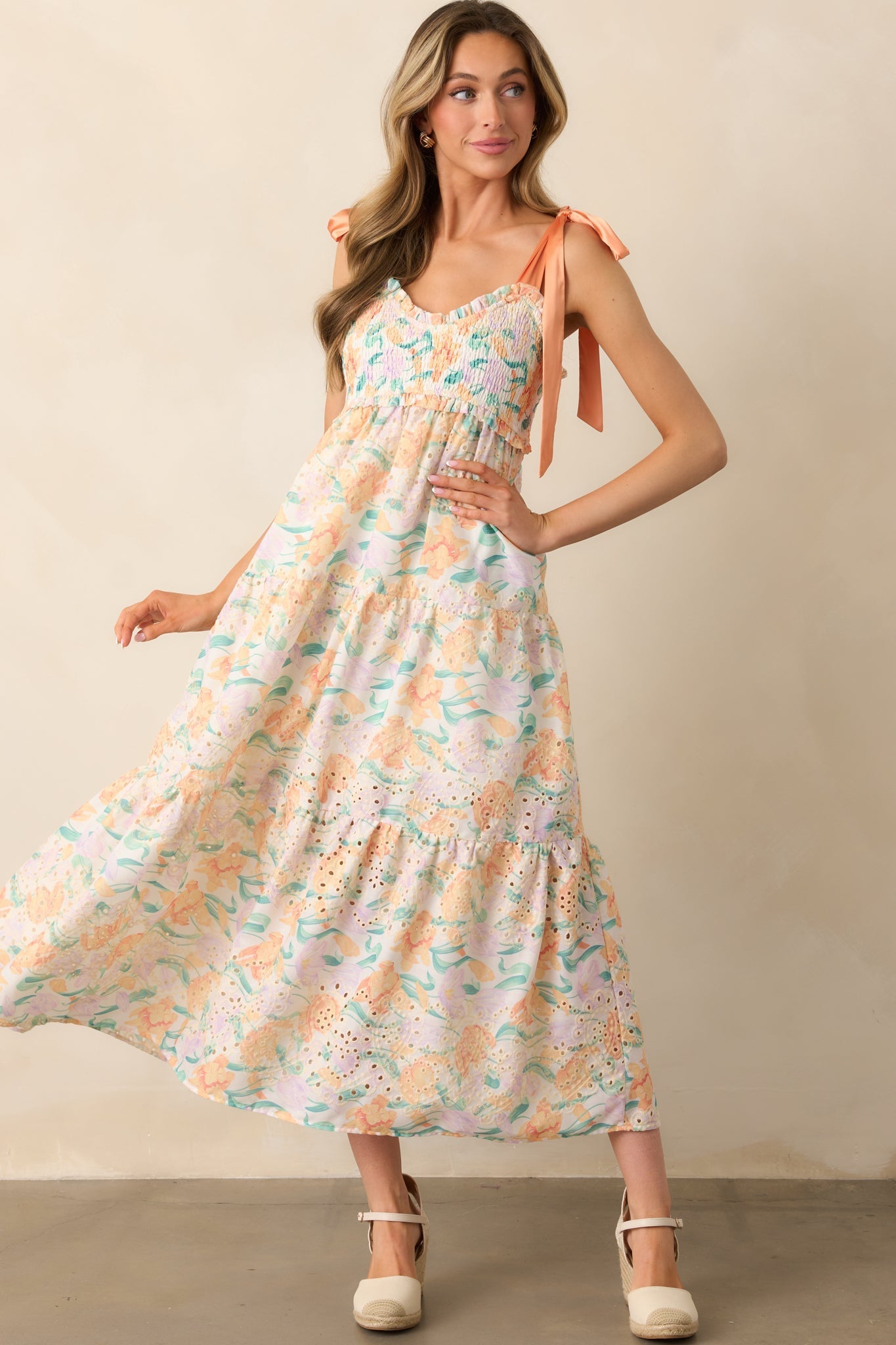 At First Glance Light Orange Embroidered Eyelet Maxi Dress