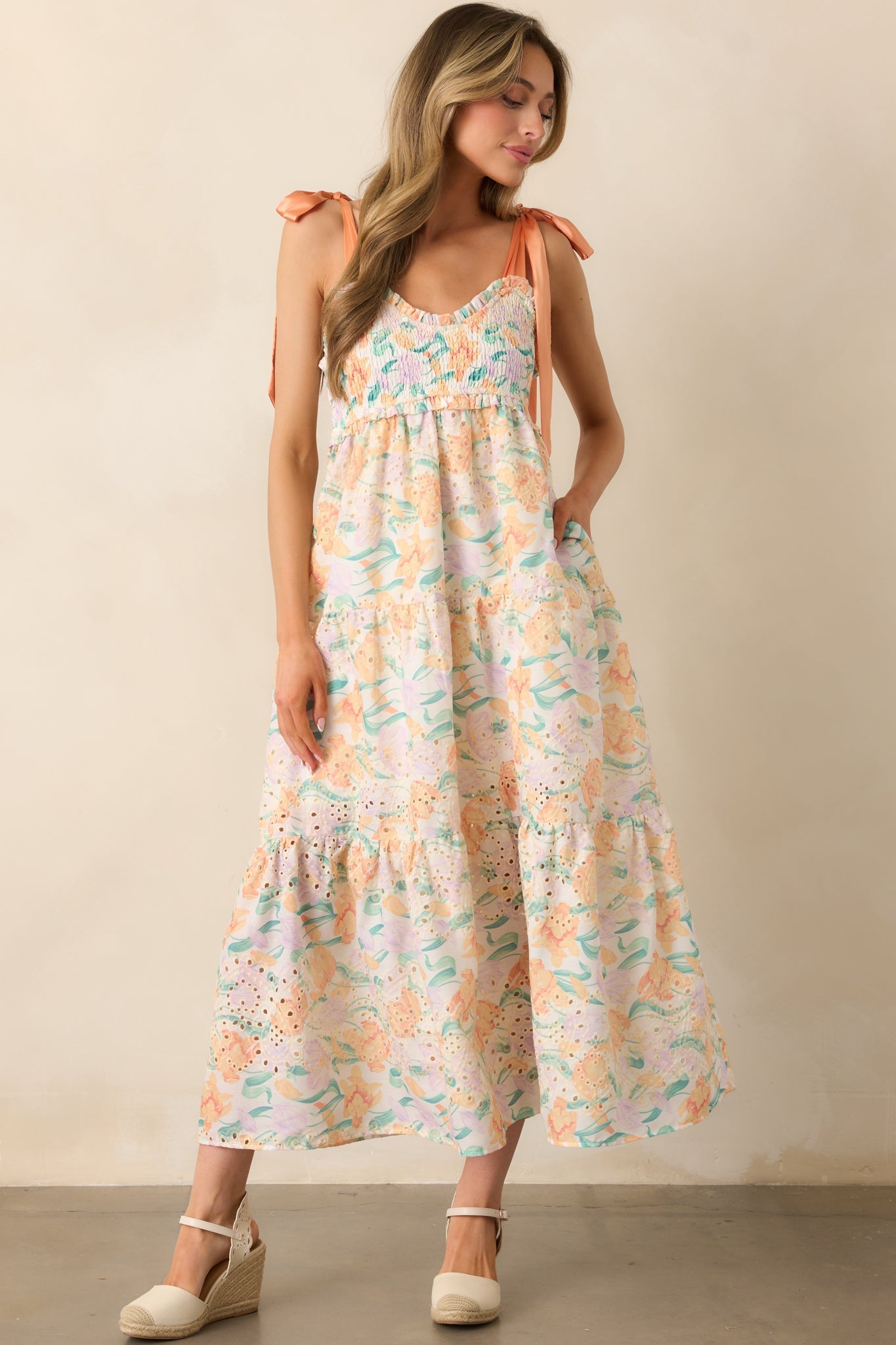 At First Glance Light Orange Embroidered Eyelet Maxi Dress