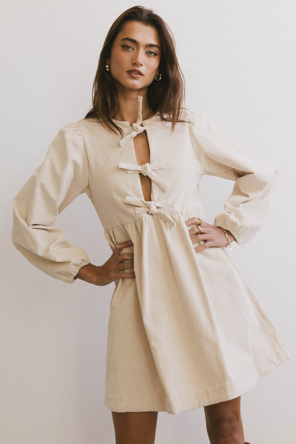 Tyler Peplum Mini Dress in Ivory Corduroy