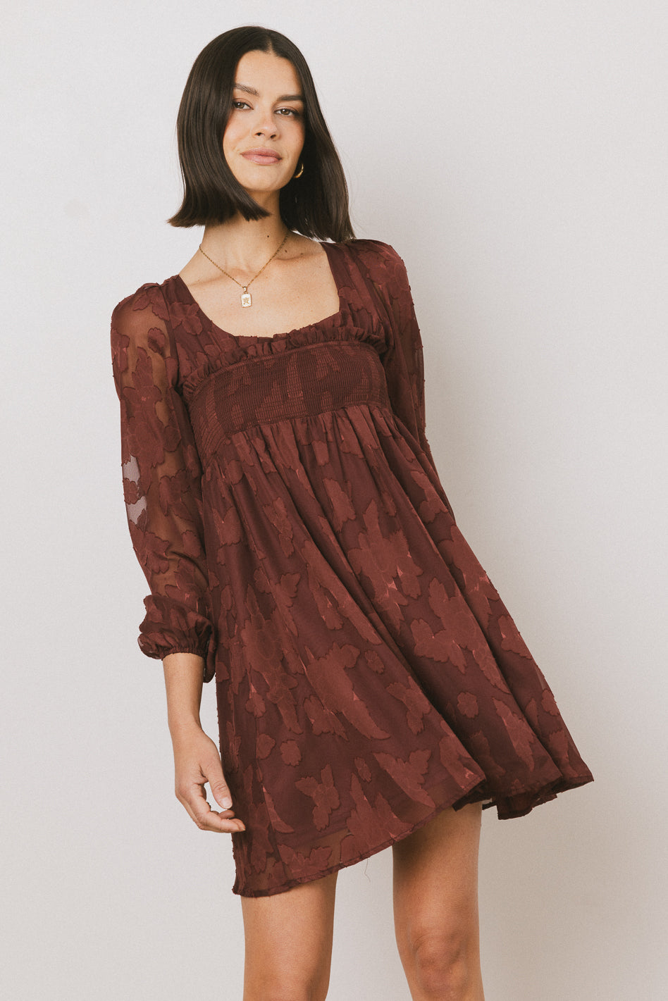 Miles Smocked Mini Dress in Red-Brown