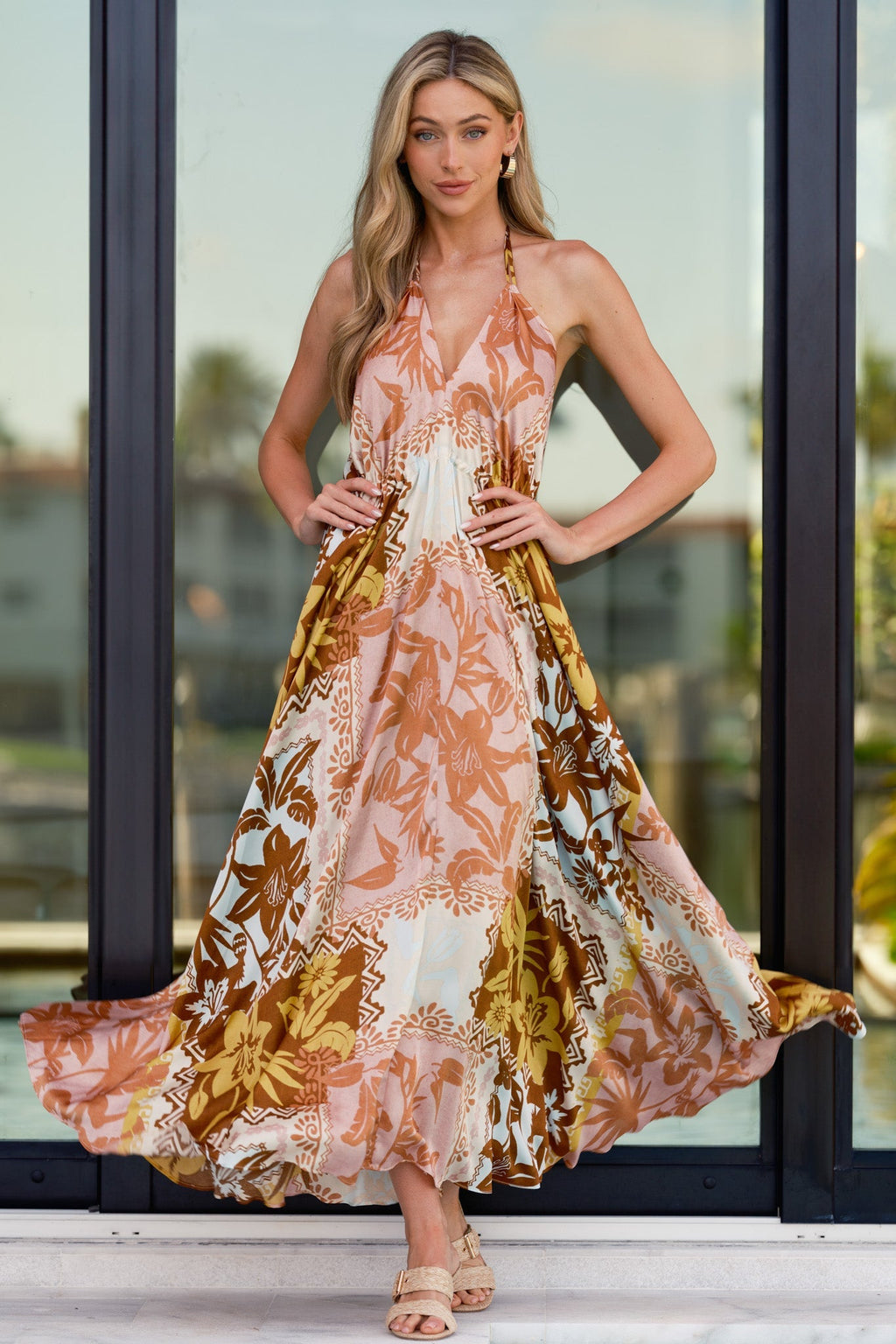 All Roads Lead Here Pink Coral Patchwork Print Maxi Dress