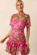 A Work Of Art Magenta Pink Floral Embroidered Mini Dress