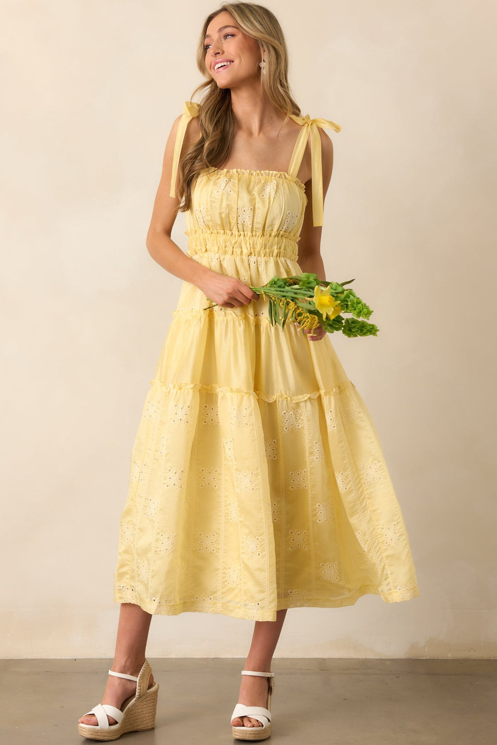 My Happy Place Yellow Embroidered Eyelet Midi Dress