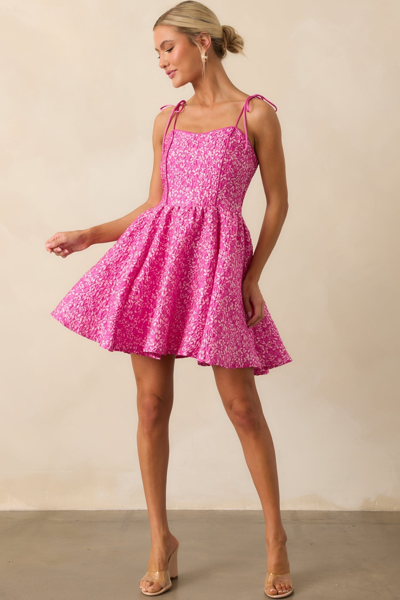 Steal The Scene Fuchsia Pink Floral Jacquard Mini Dress