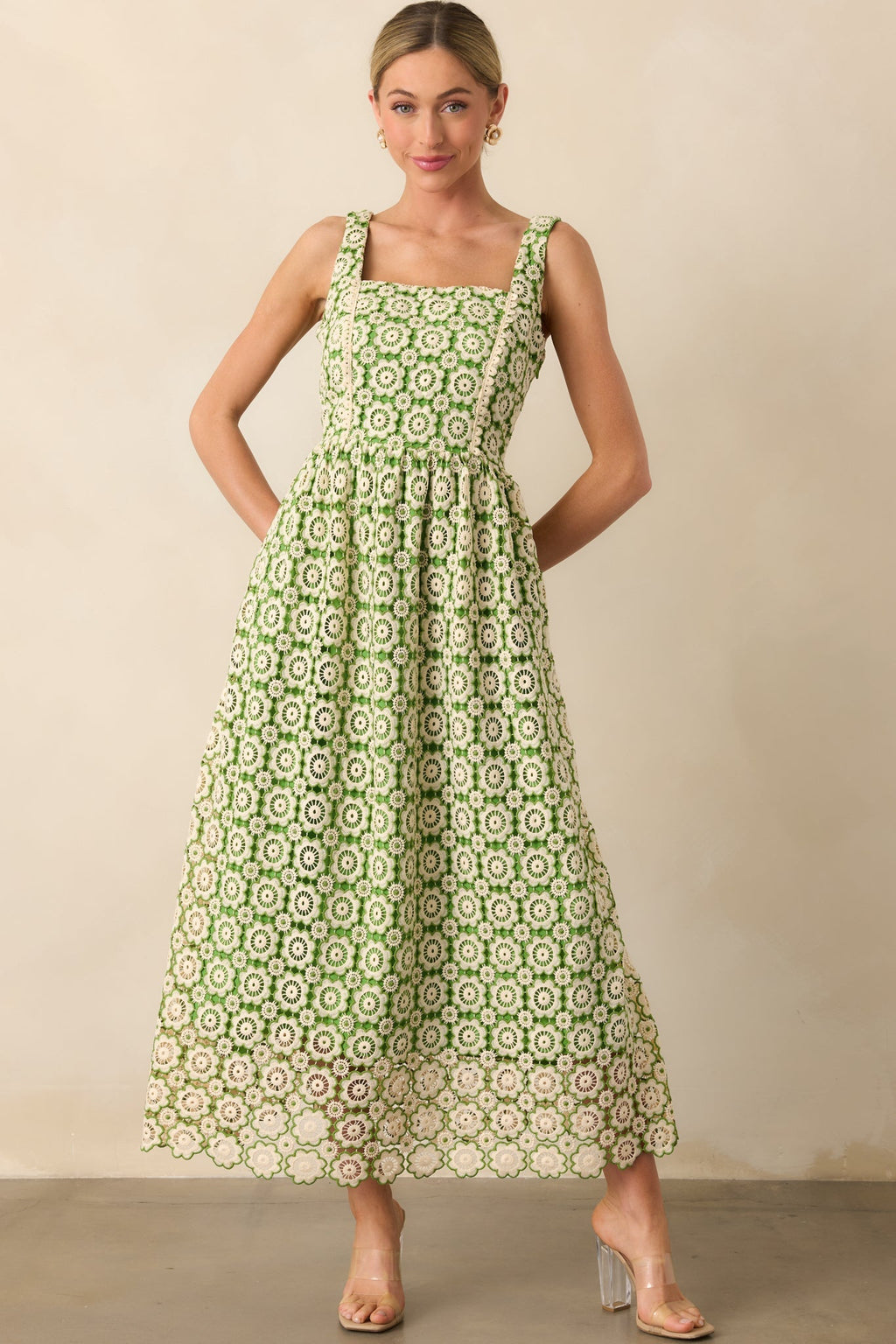 In The Meadow Green Floral Embroidered Midi Dress
