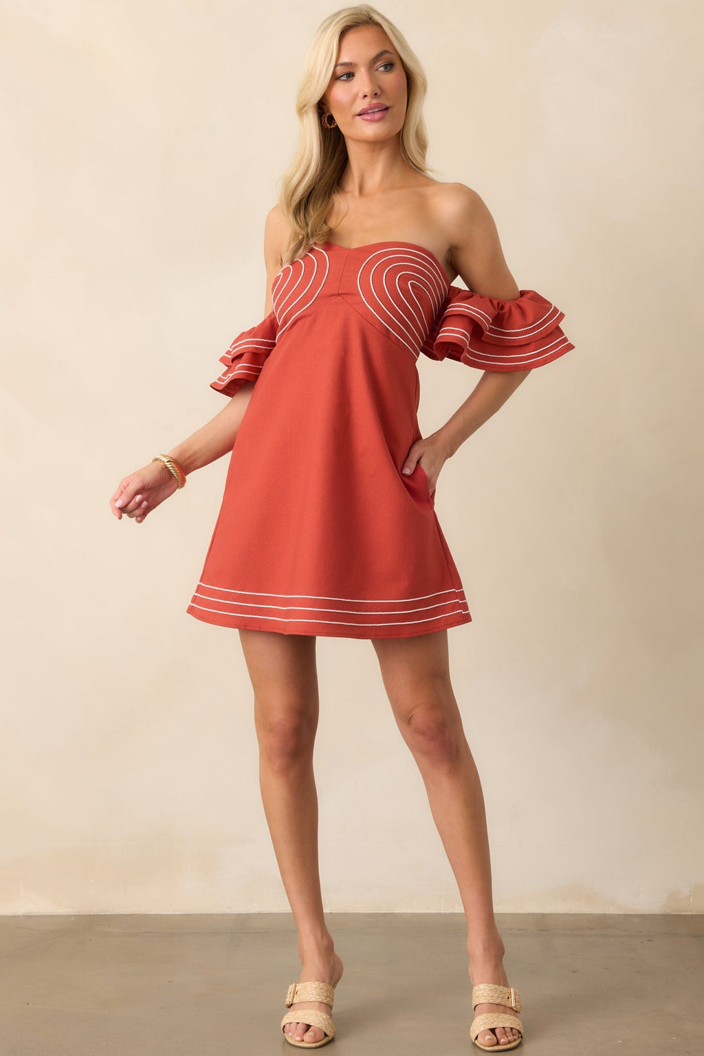 Left An Impression Burnt Orange Linen Blend Off The Shoulder Mini Dress