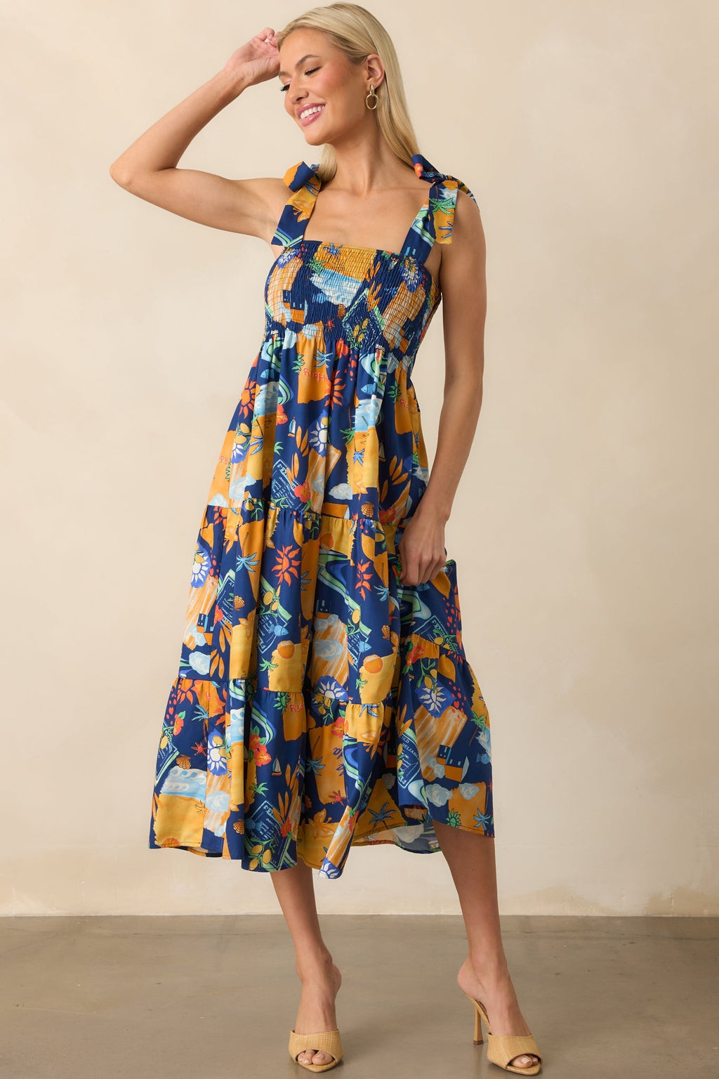 Need A Different View Navy Tropical Print Rayon Midi Dress