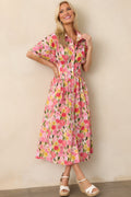 Setting The Bar Pink Floral Print Cotton Pleated Midi Shirt Dress