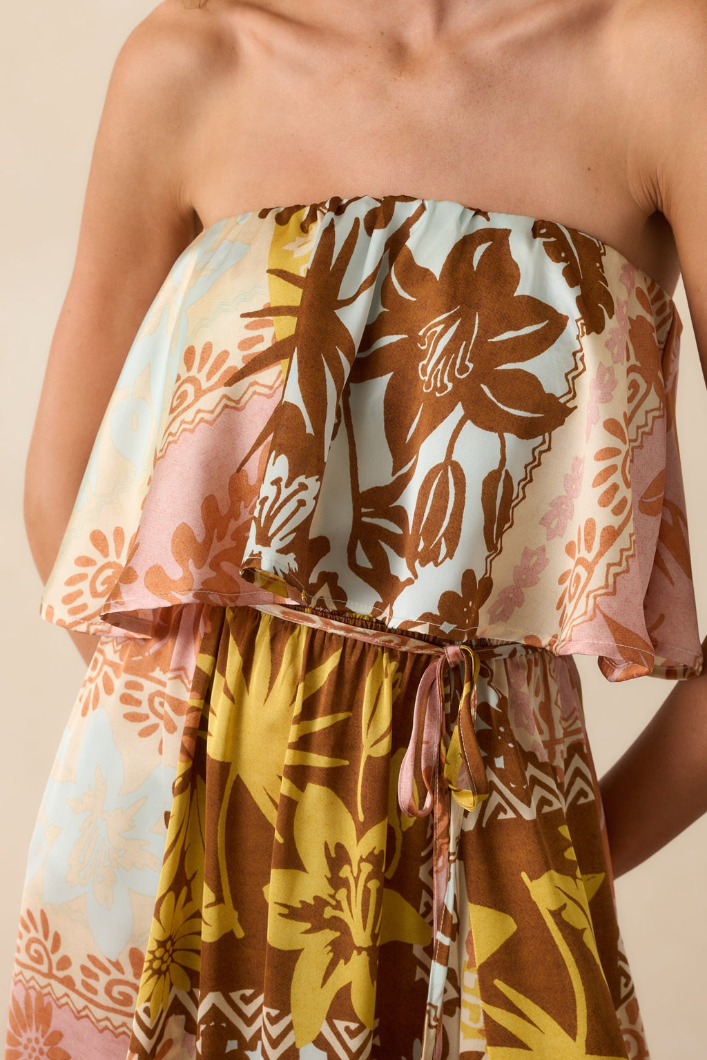 All Of The Time Pink Coral Patchwork Print Strapless Maxi Dress