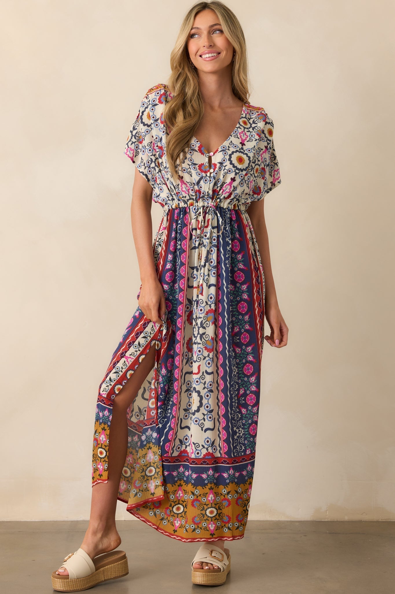 Drawn To The Horizon Navy Multi Print Short Sleeve Maxi Dress