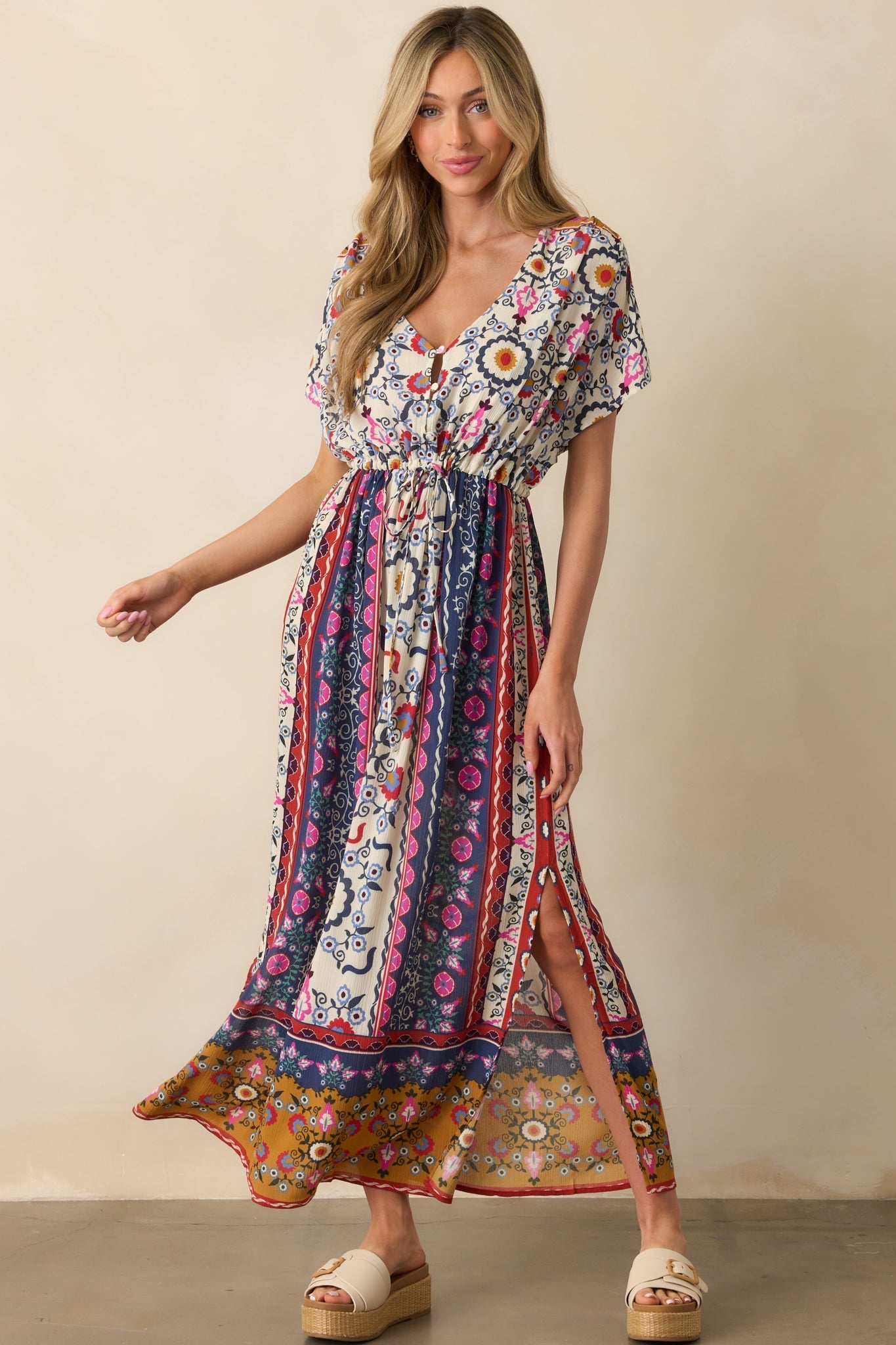 Drawn To The Horizon Navy Multi Print Short Sleeve Maxi Dress