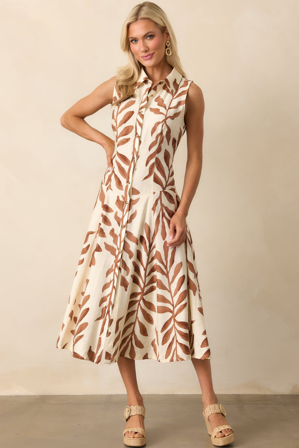 Already Handled It Light Brown Botanical Print Midi Shirt Dress