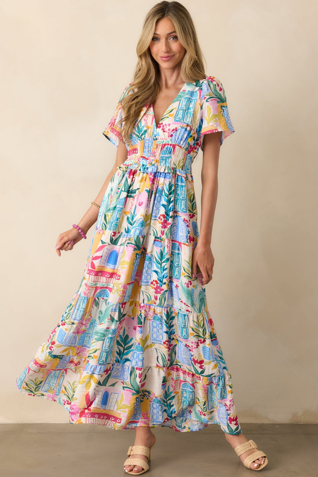 Visiting My Happy Place Blue Watercolor Print Rayon Maxi Dress