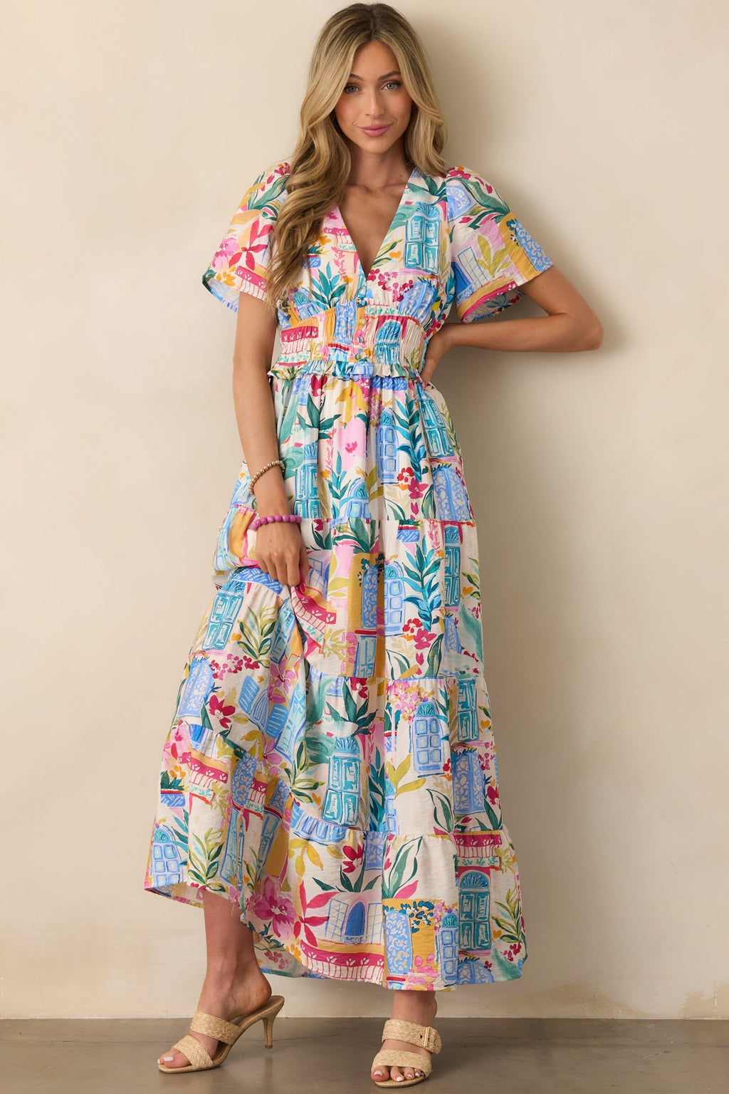 Visiting My Happy Place Blue Watercolor Print Rayon Maxi Dress