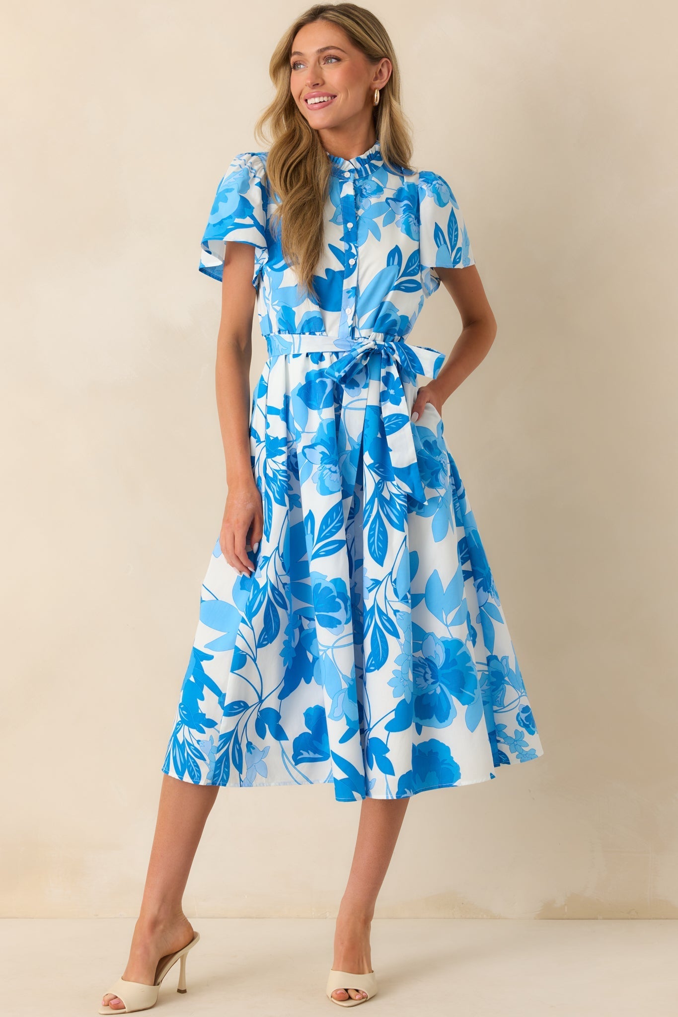 Happened So Naturally Blue Floral Print Cotton Midi Shirt Dress