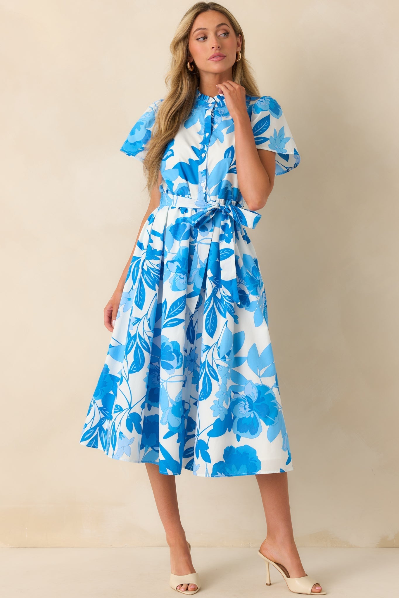 Happened So Naturally Blue Floral Print Cotton Midi Shirt Dress