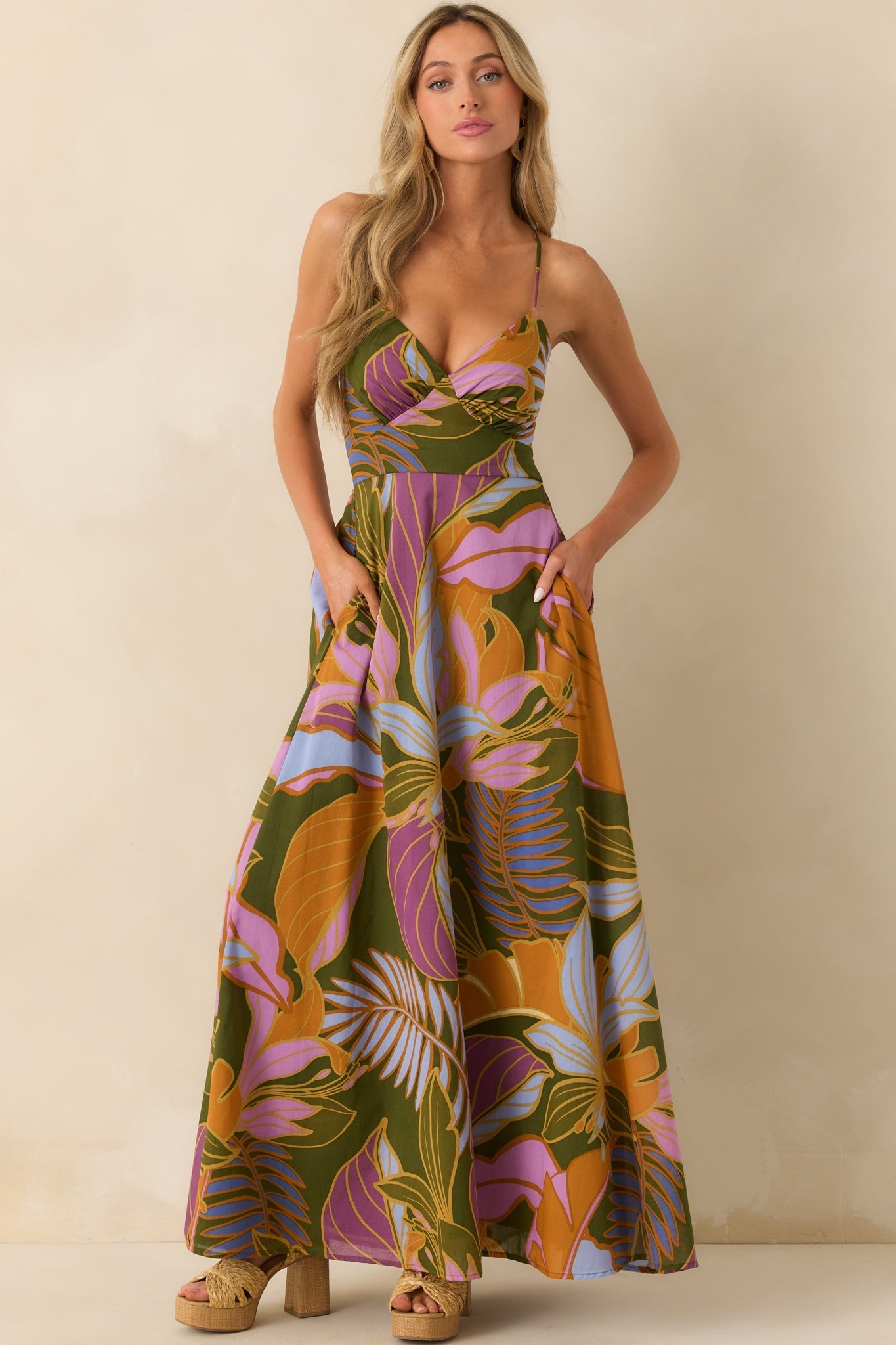 Making Today Mine Olive Green Multi Floral Print Cotton Maxi Dress