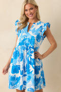 Maybe Someday Blue Floral Print Cotton Flutter Sleeve Mini Dress