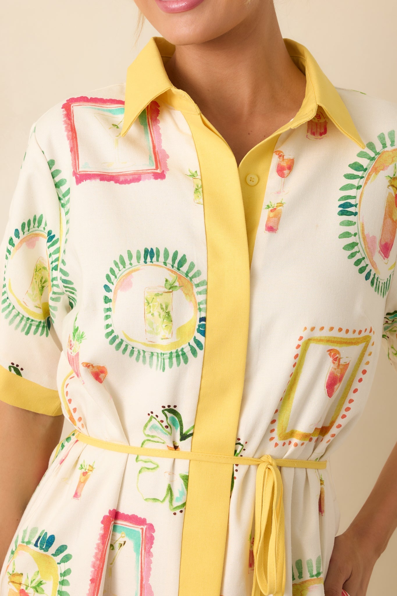 Make It My Own Ivory Watercolor Cocktail Print Linen Blend Mini Dress