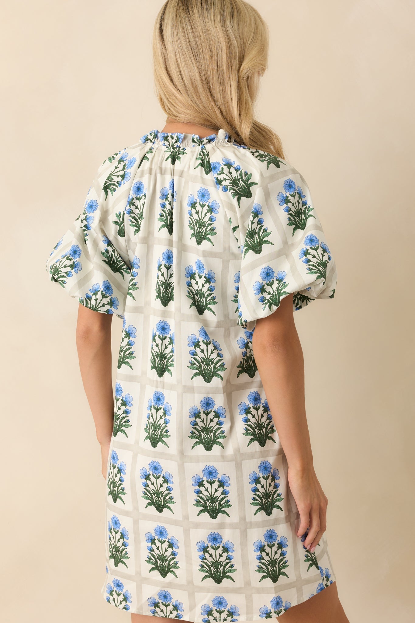 Staying Hopeful Blue Geometric Floral Print Cotton Mini Dress