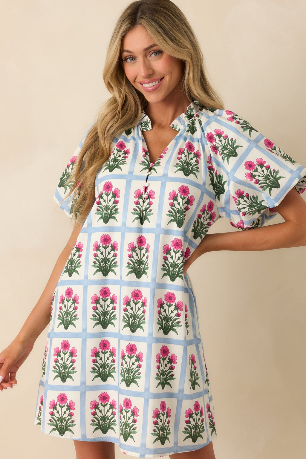 Staying Hopeful Dark Fuchsia Geometric Floral Print Cotton Mini Dress