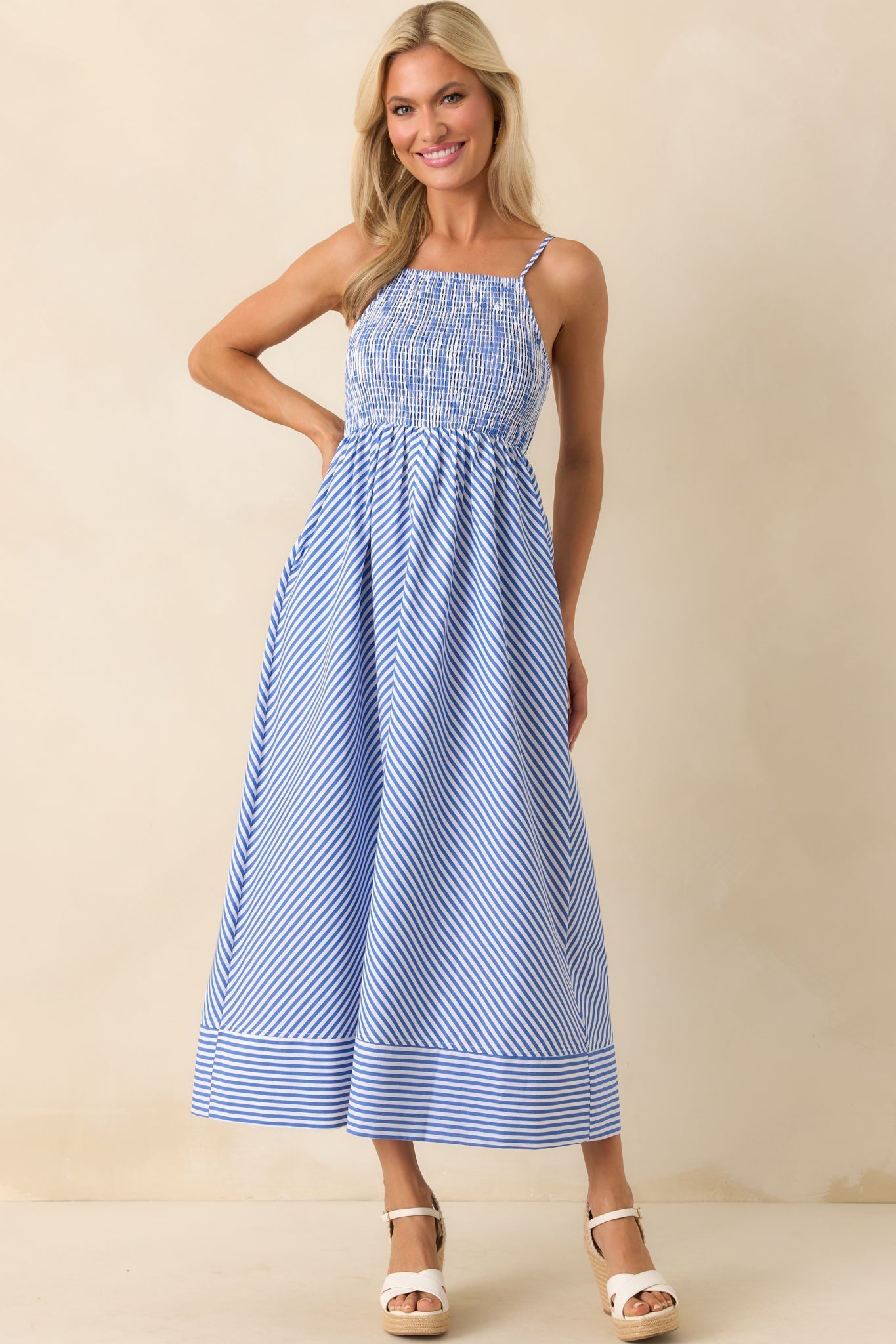 Staple The Label Blue Stripe Cotton Mathilde Shirred Maxi Sundress