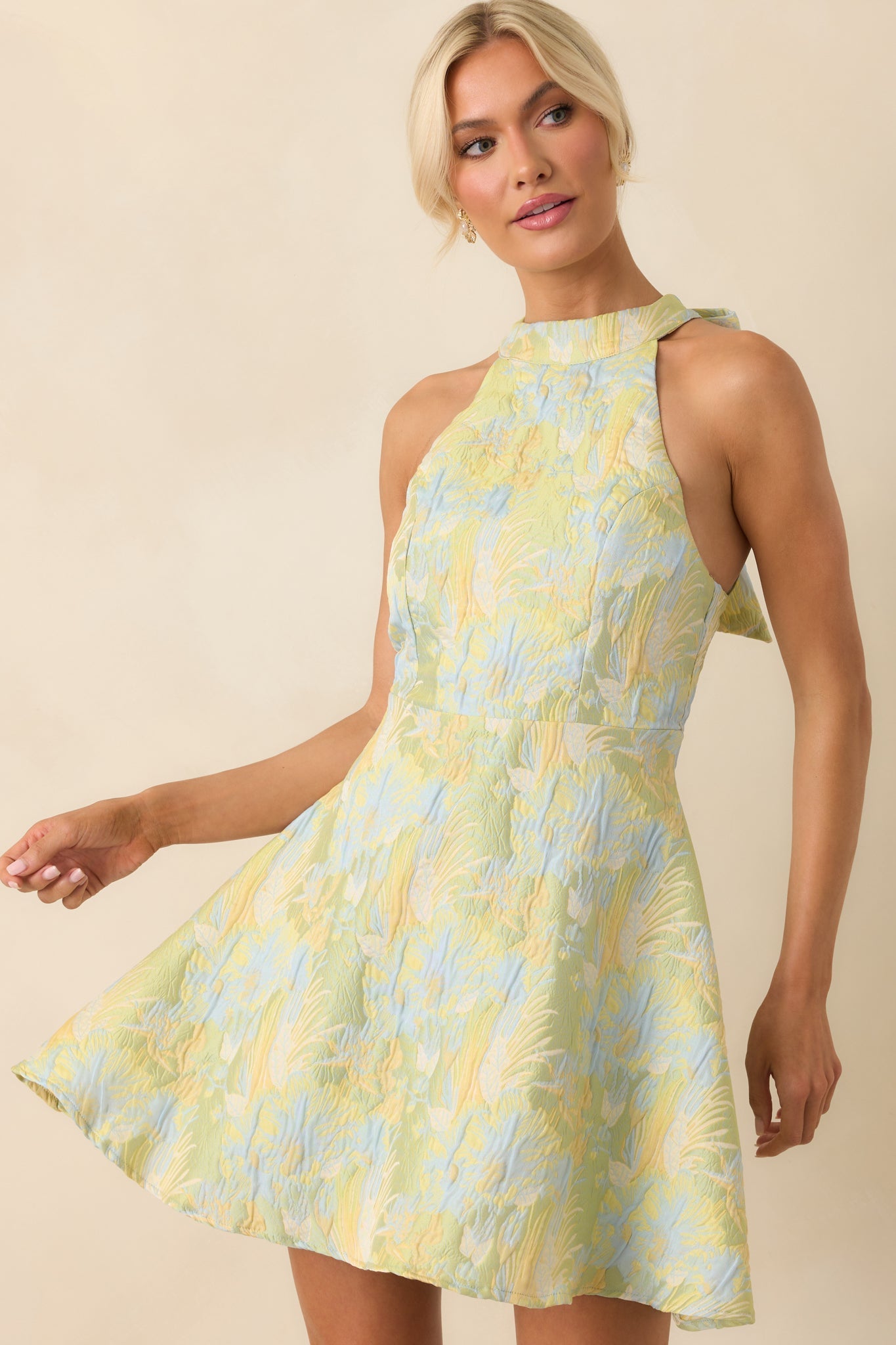 Always Ready Light Green Floral Print Jacquard Halter Mini Dress