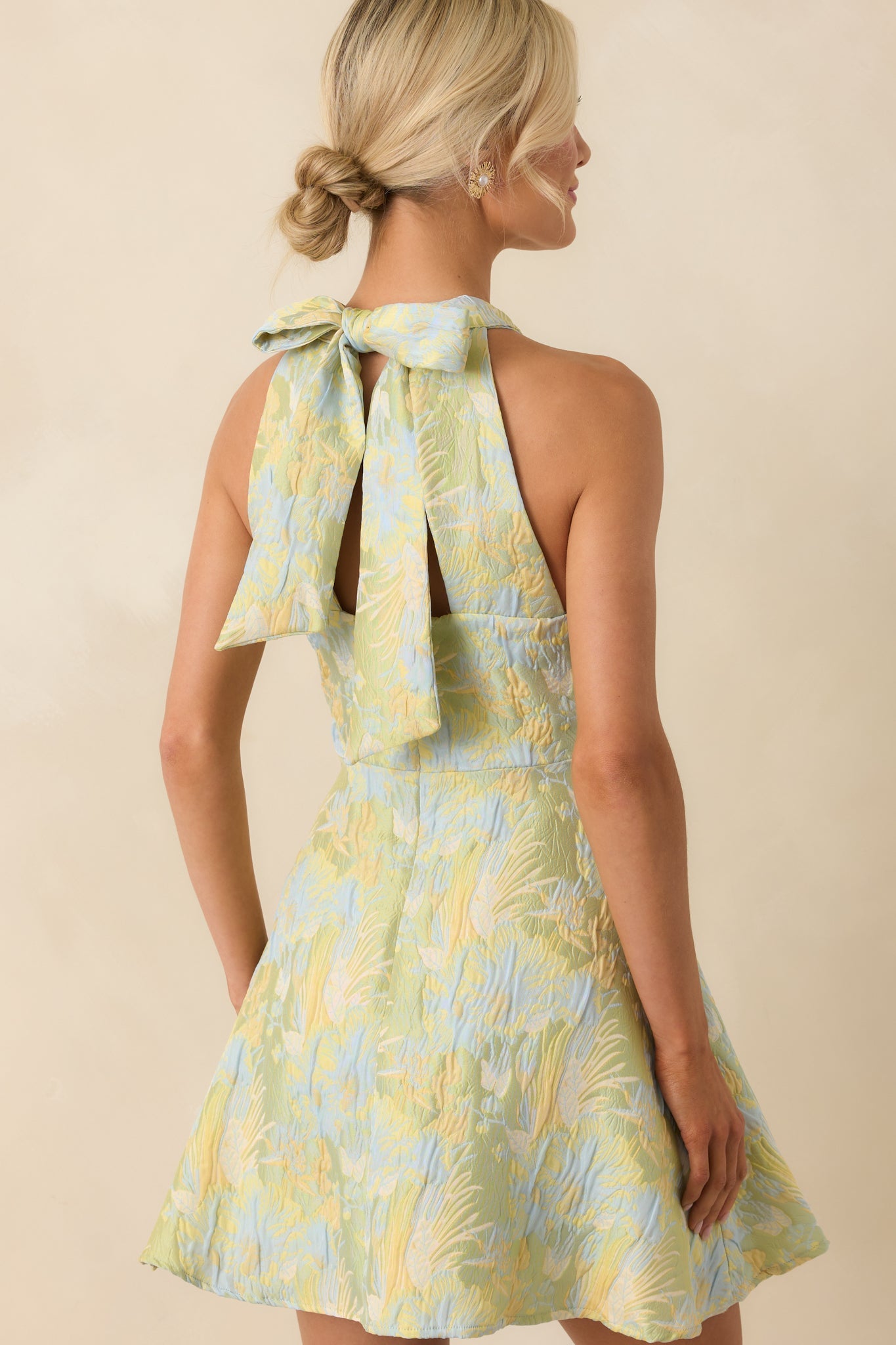 Always Ready Light Green Floral Print Jacquard Halter Mini Dress