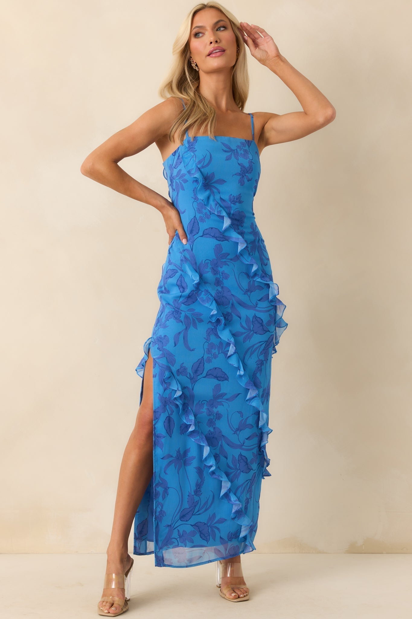 MINKPINK Blue Floral Print Jeanne Ruffle Maxi Dress
