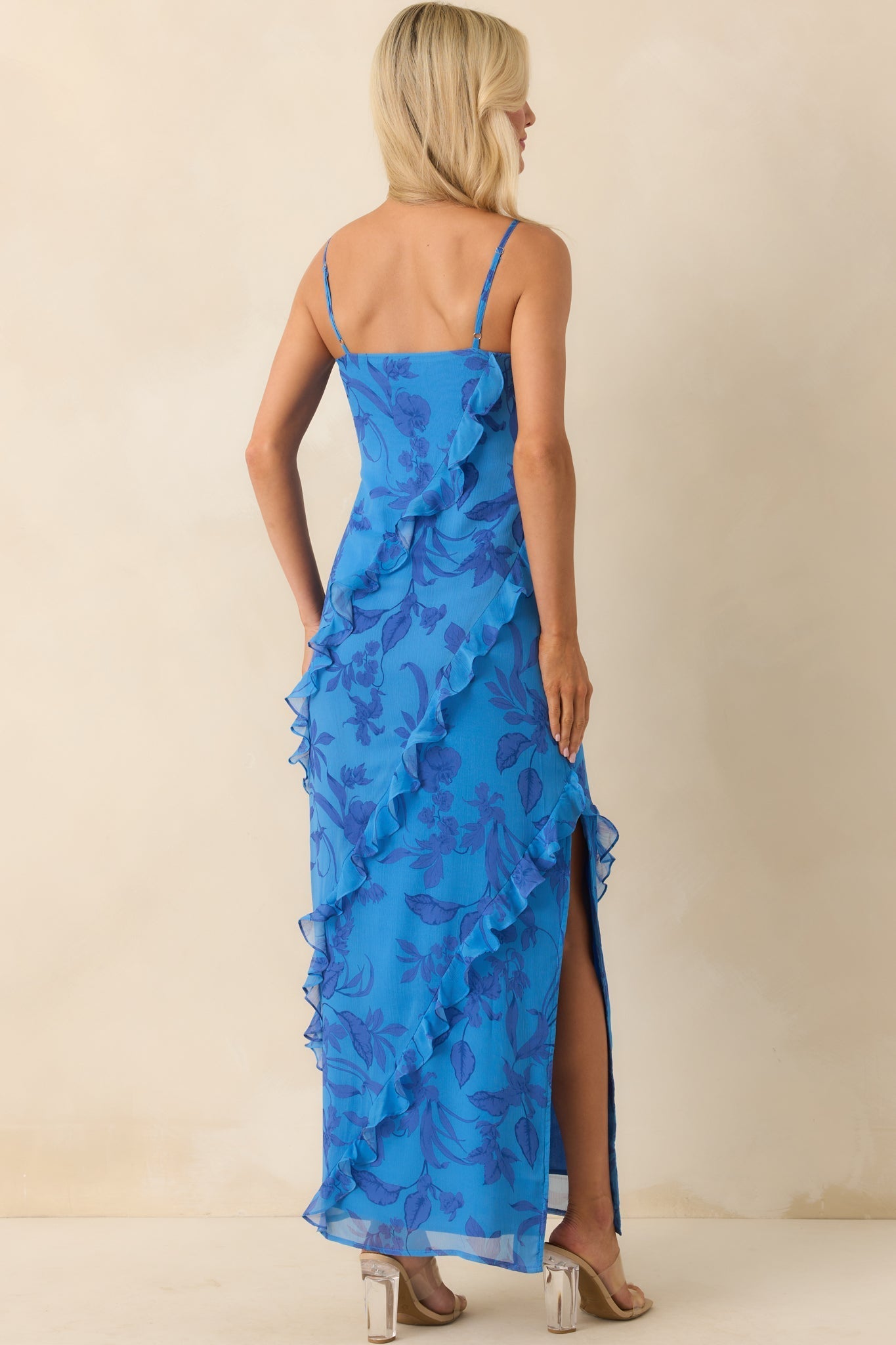 MINKPINK Blue Floral Print Jeanne Ruffle Maxi Dress