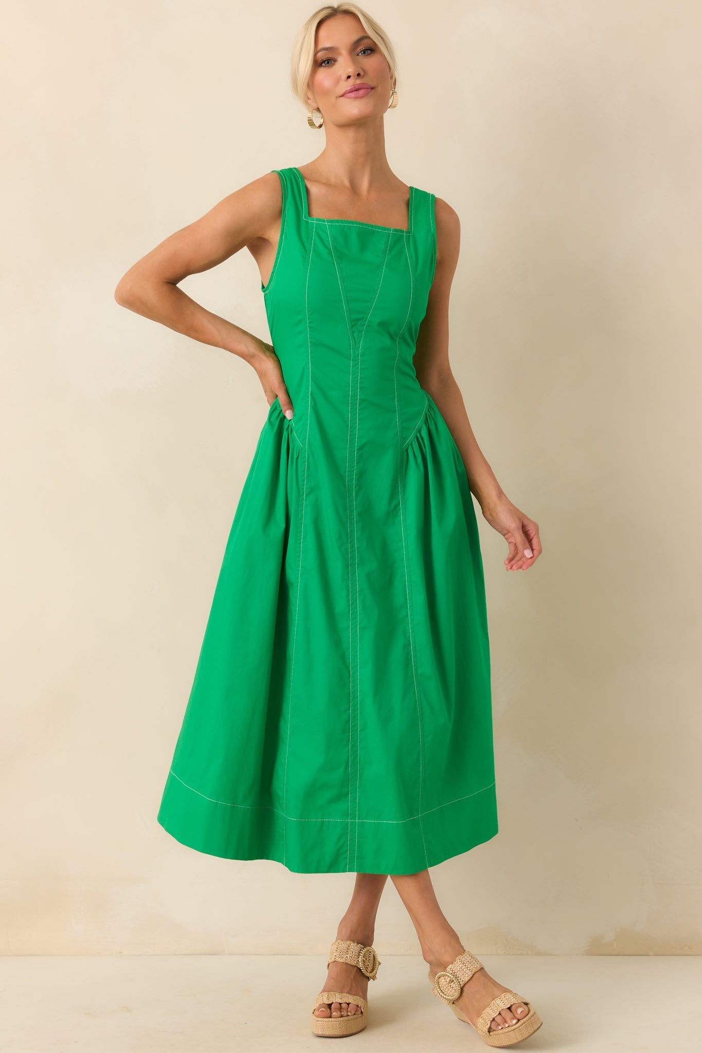 A Timeless Touch Kelly Green Cotton Sleeveless Midi Dress