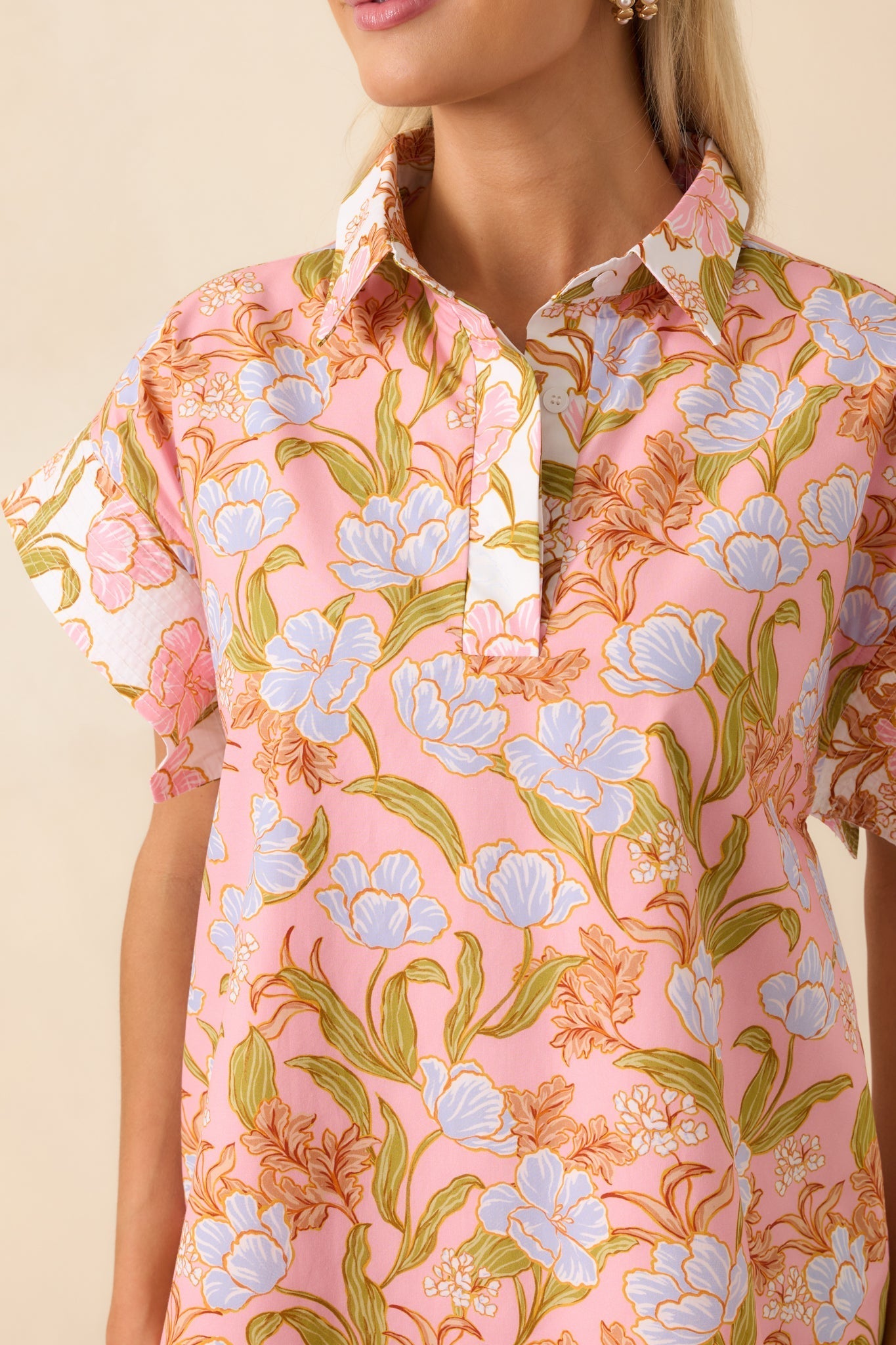 Need A Change Pink Coral Floral Print Cotton Mini Shirt Dress