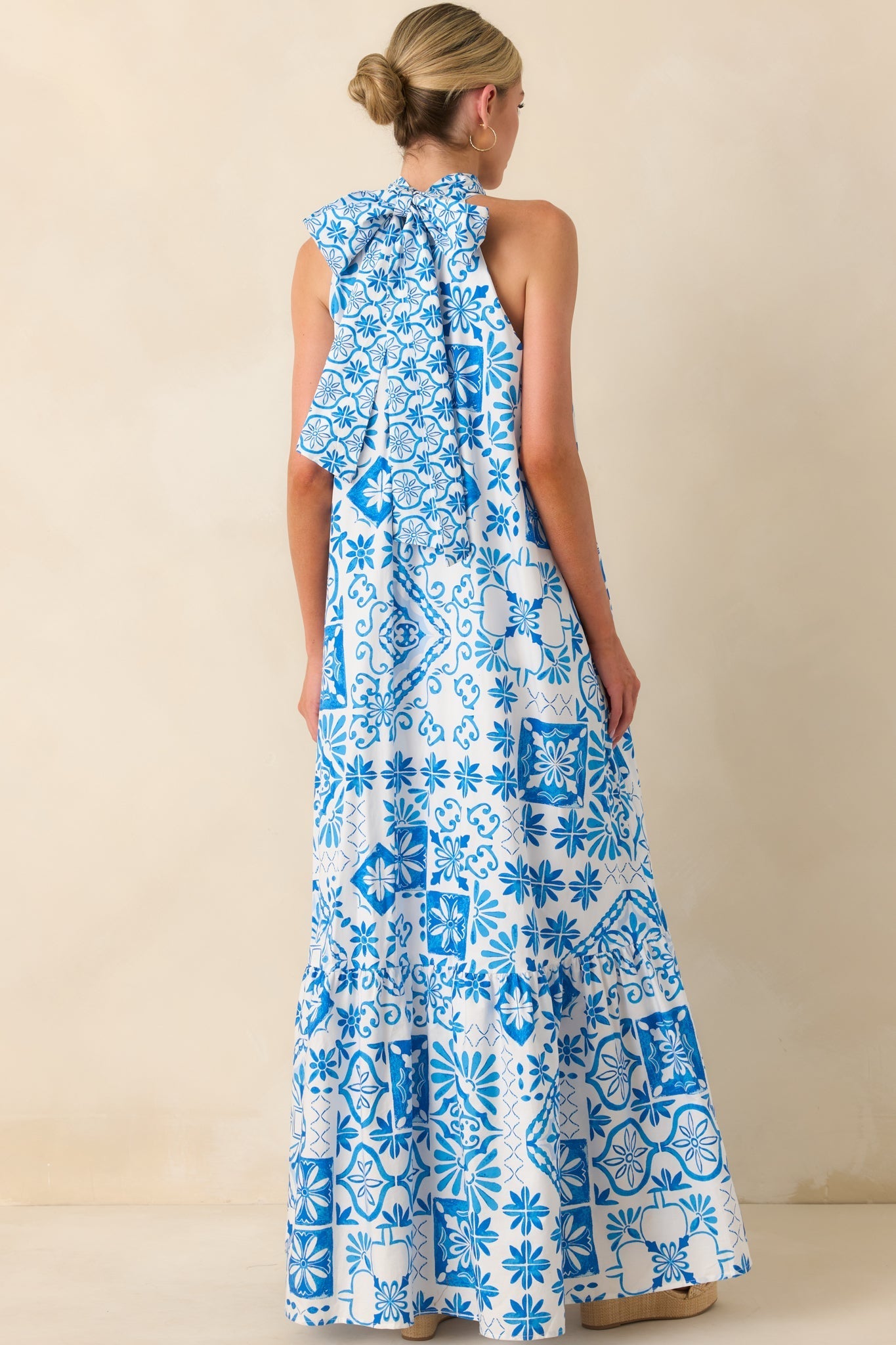 Prosperina Rebecca Blue Tile Print Cotton Halter Maxi Dress