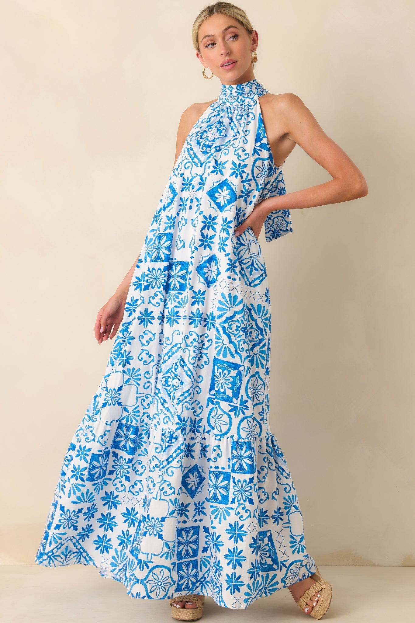 Prosperina Rebecca Blue Tile Print Cotton Halter Maxi Dress