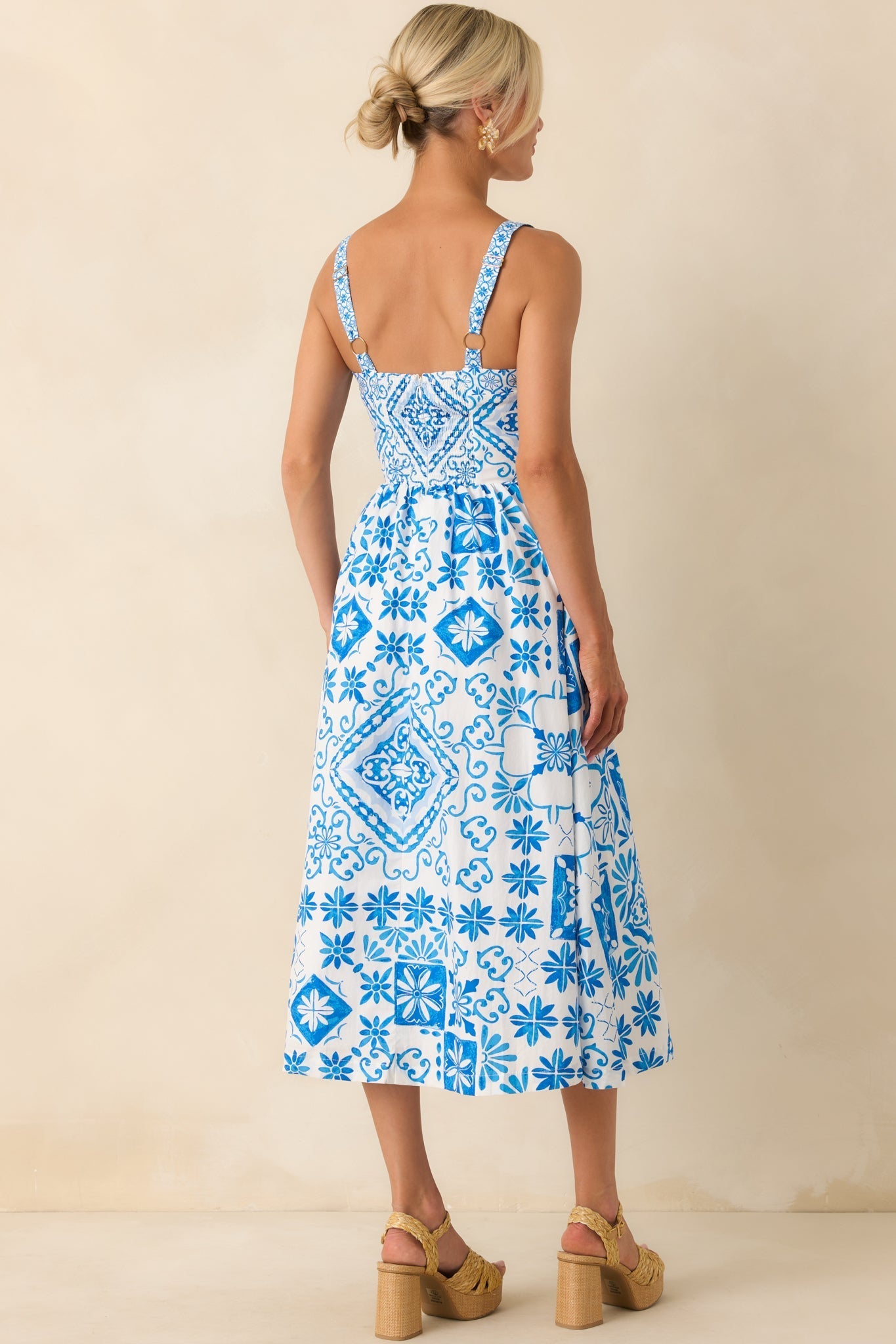 Prosperina Lydia Blue Tile Print Cotton Midi Dress