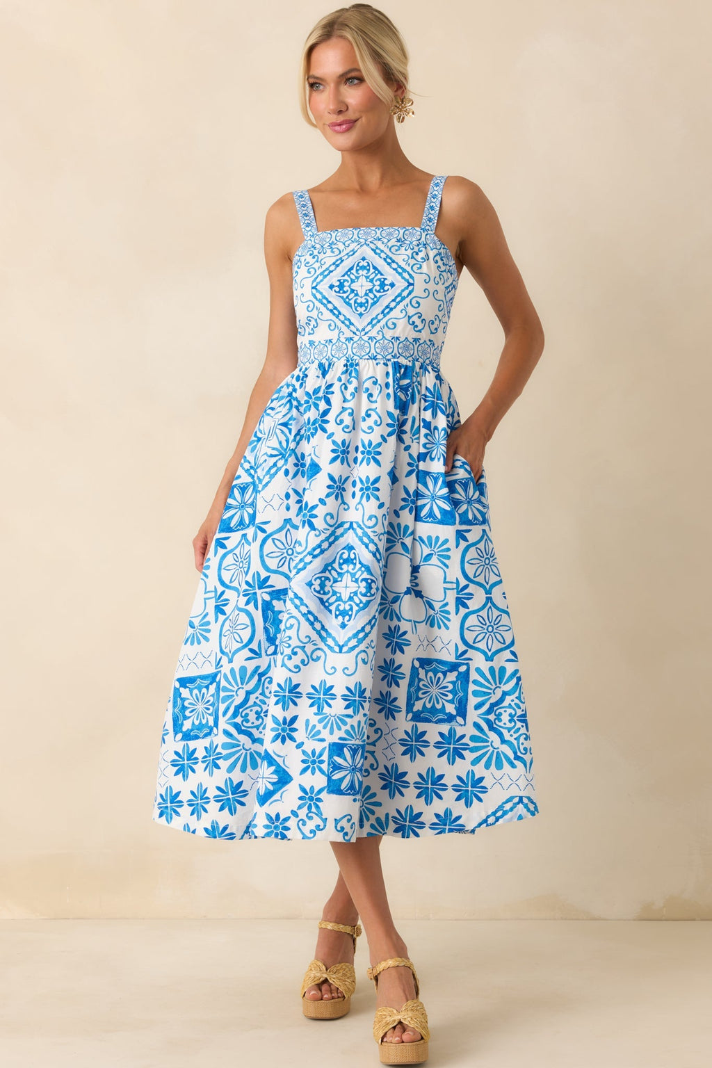 Prosperina Lydia Blue Tile Print Cotton Midi Dress