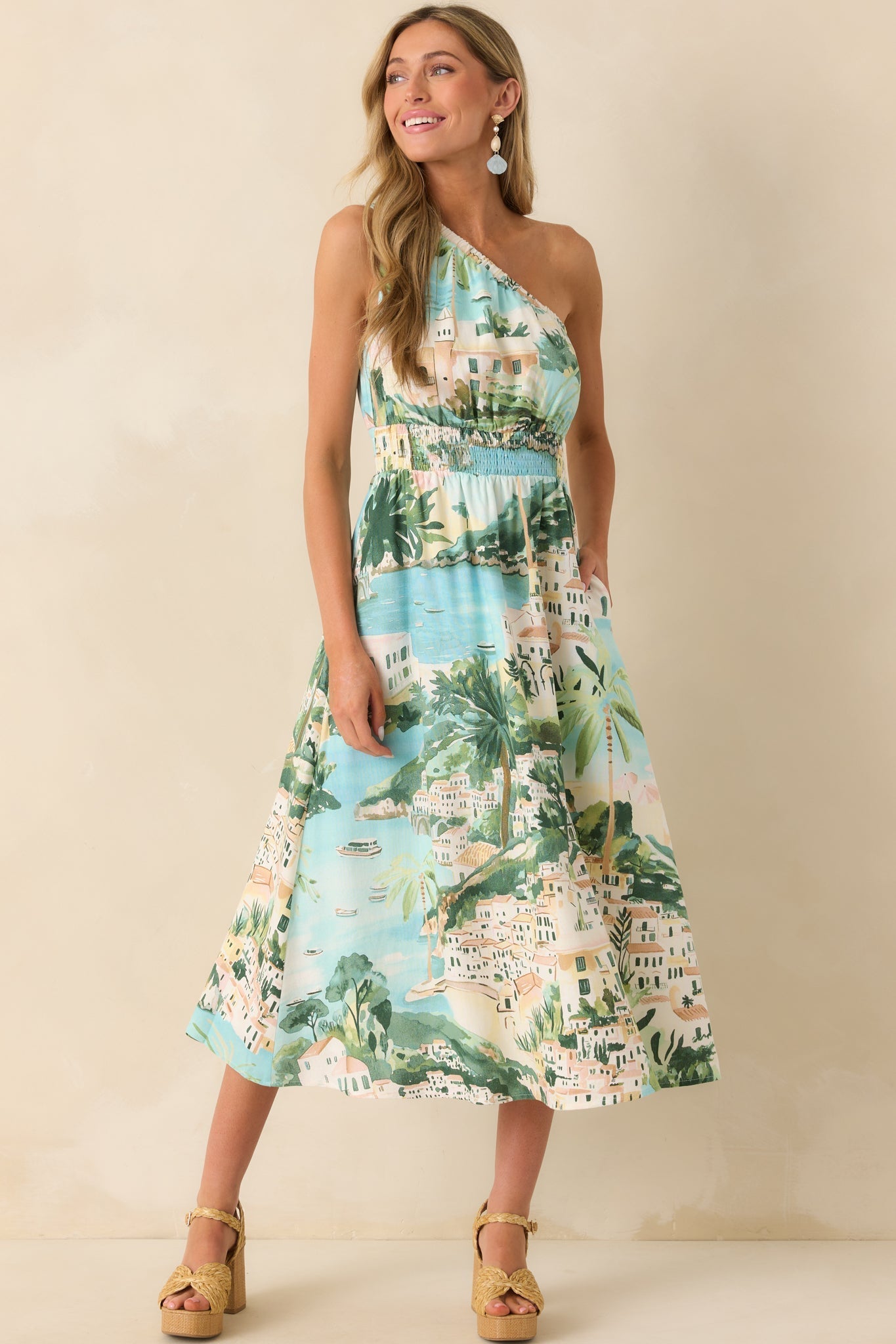 Made My Day Blue Multi Shoreline Print One Shoulder Midi Dress
