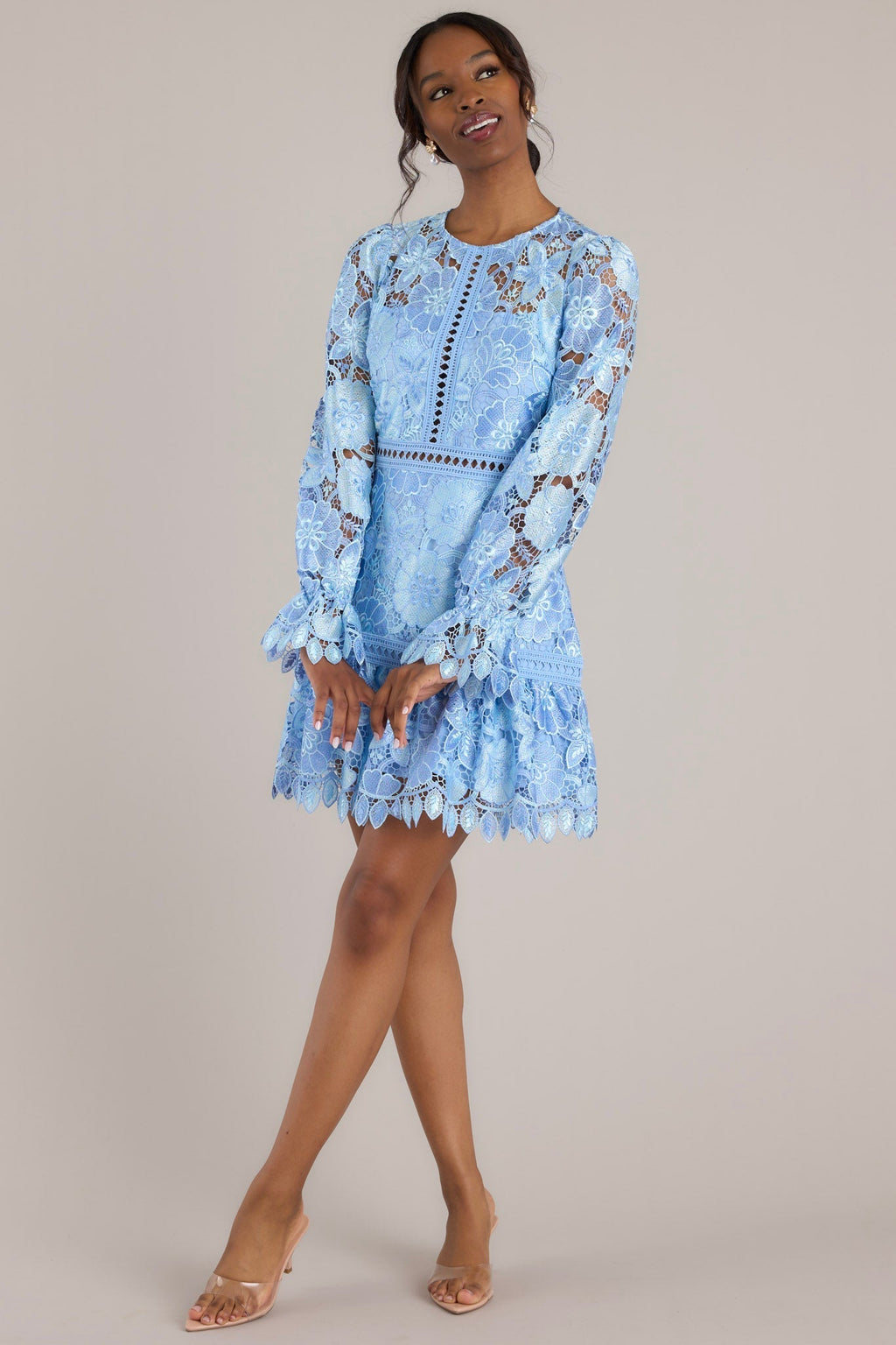 Keep It Authentic Light Blue Floral Embroidered Mini Dress