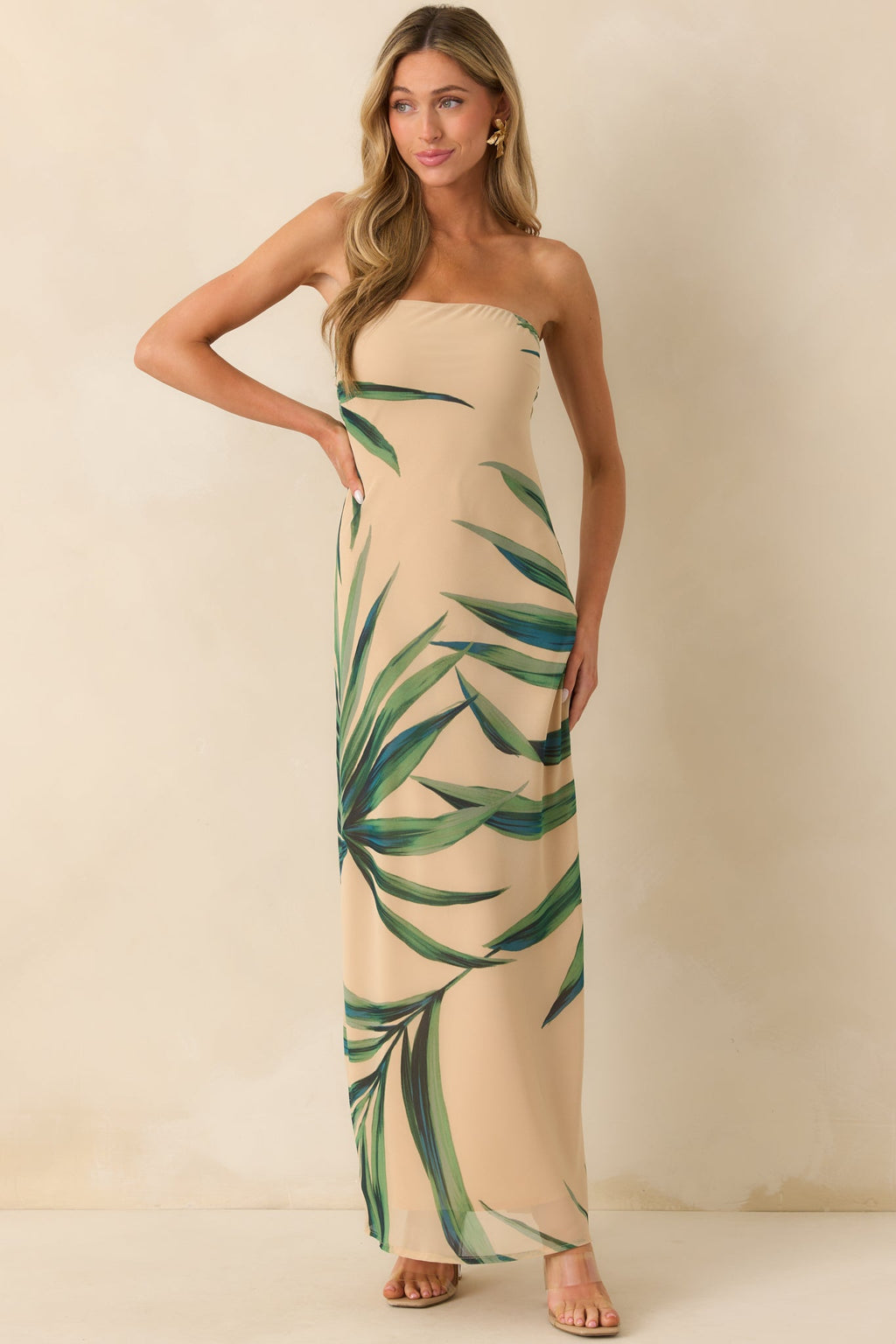 Finding The Way Beige Palm Leaf Print Strapless Chiffon Maxi Dress